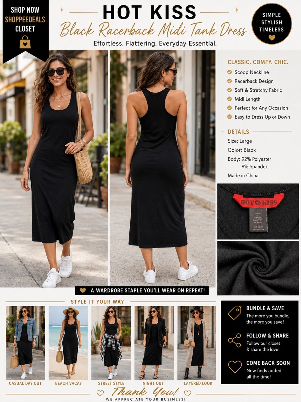 Hot Kiss Black Sleeveless Racerback Midi Tank Dress – Women’s Large